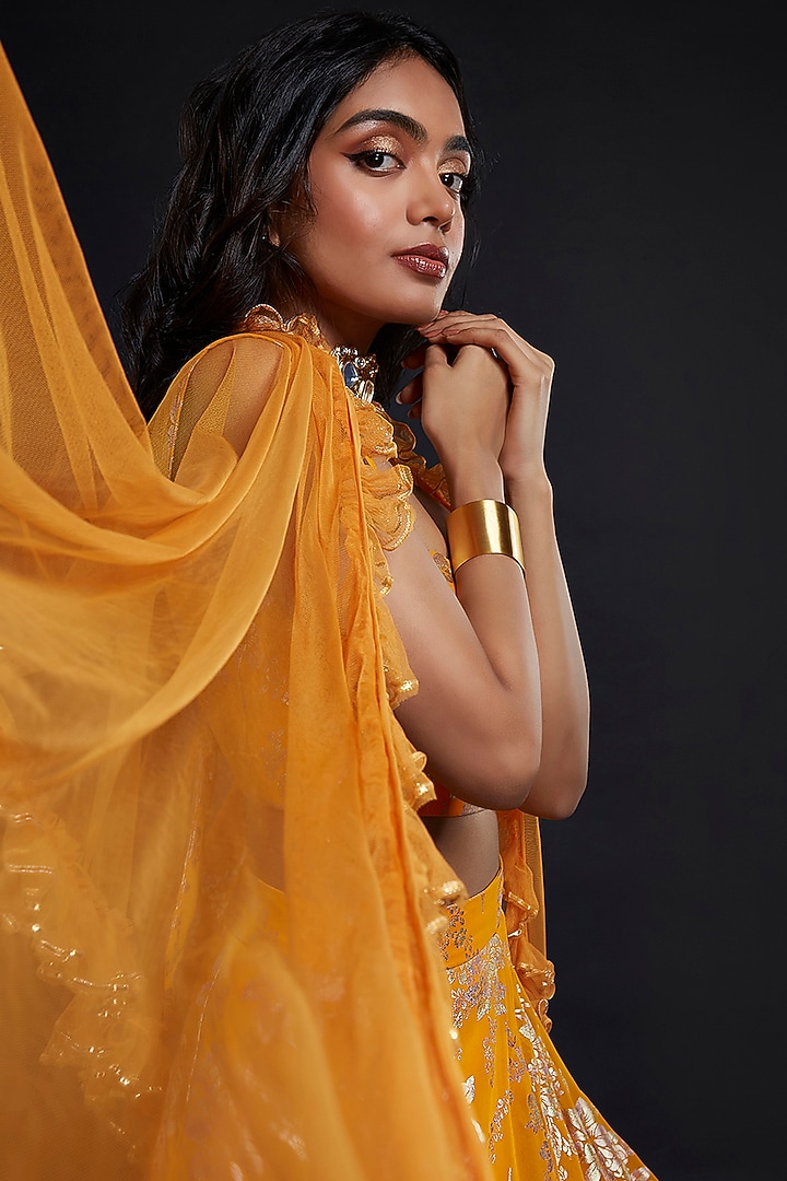 Mustard Recycled Polyester Lehenga Set For Girls by Phatakaa Mini at Pernia's Pop Up Shop