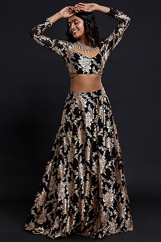 Black Recycled Polyester Lehenga Set For Girls by Phatakaa Mini