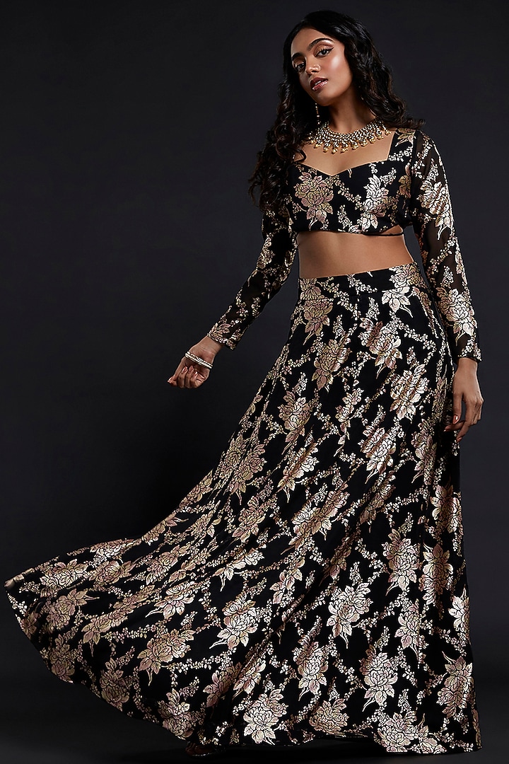 Black Recycled Polyester Lehenga Set For Girls by Phatakaa Mini at Pernia's Pop Up Shop