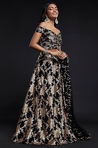 Black Recycled Polyester Lehenga Set For Girls by Phatakaa Mini