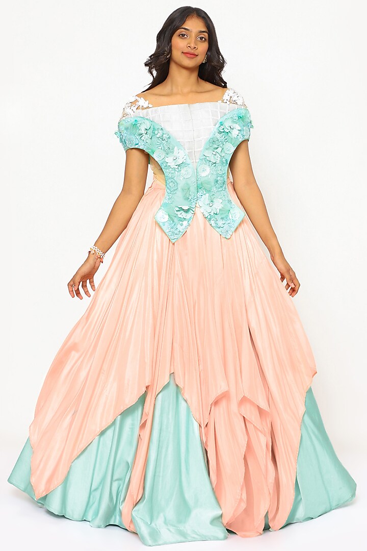 Mint Green Hand Embroidered Skirt Set With Jacket by PhD  by House of PiaDeeksh at Pernia's Pop Up Shop