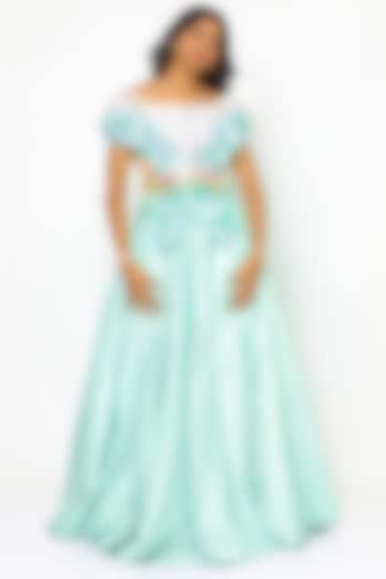 Mint Green Organza Embroidered Skirt Set With Jacket by PhD by House of PiaDeeksh at Pernia's Pop Up Shop