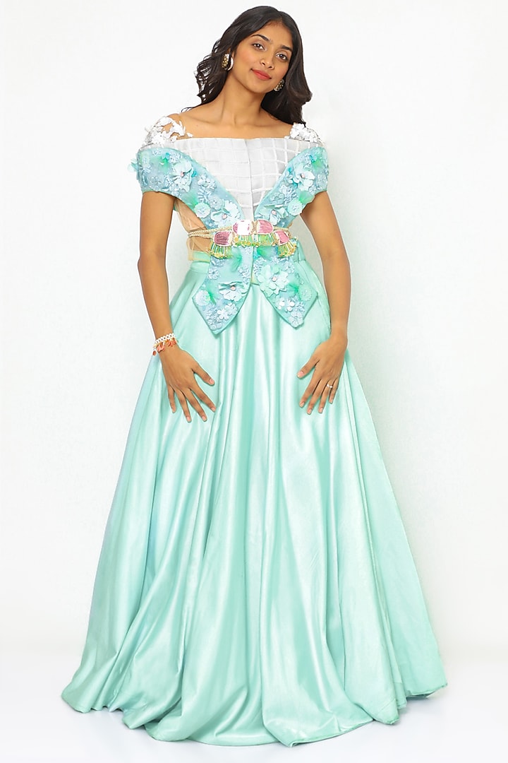 Mint Green Organza Embroidered Skirt Set With Jacket by PhD by House of PiaDeeksh at Pernia's Pop Up Shop