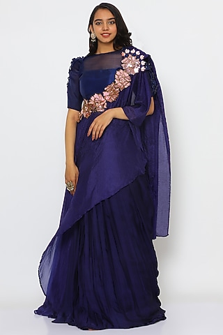 Navy Peony Silk Cowl Skirt Set by PhD  by House of PiaDeeksh