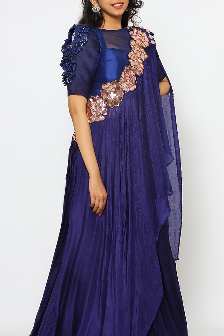 Navy Peony Silk Cowl Skirt Set by PhD by House of PiaDeeksh at Pernia's Pop Up Shop