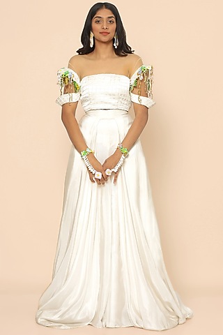 White Silk Dhoti Pant set by PhD  by House of PiaDeeksh