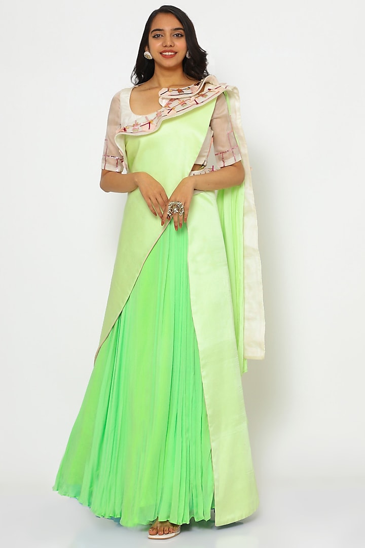 Light Green Embroidered Saree Set by PhD  by House of PiaDeeksh