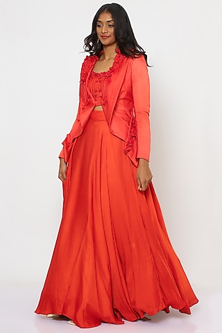 Tomato Red Viscose Lehenga With Jacket by PhD  by House of PiaDeeksh