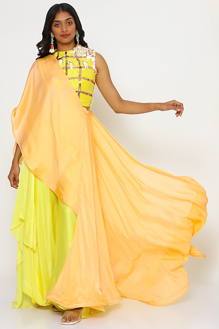 Buttercup Yellow Silk Satin Georgette Pant Set by PhD  by House of PiaDeeksh