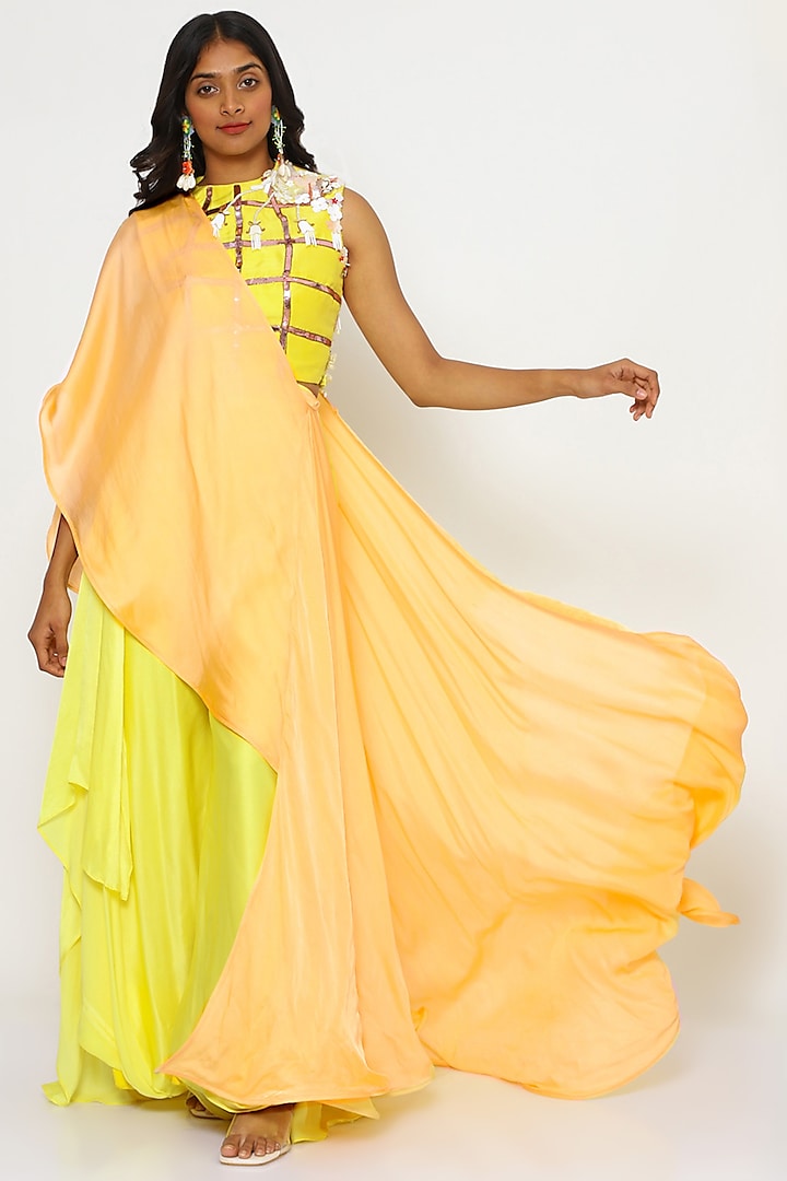 Buttercup Yellow Silk Satin Georgette Pant Set by PhD  by House of PiaDeeksh at Pernia's Pop Up Shop