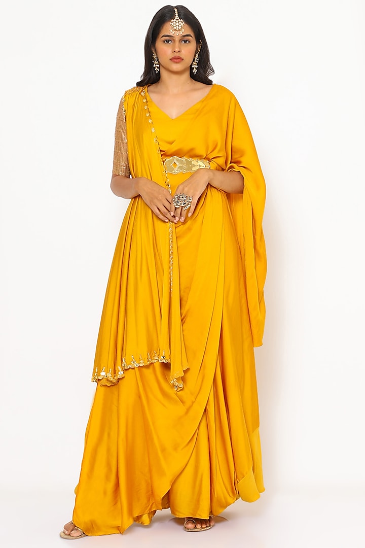Mustard Gold Hand Embroidered Pant Saree Set by PhD  by House of PiaDeeksh