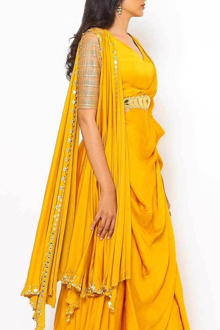 Mustard Gold Hand Embroidered Pant Wedding Saree Set by PhD by House of PiaDeeksh at Pernia's Pop Up Shop