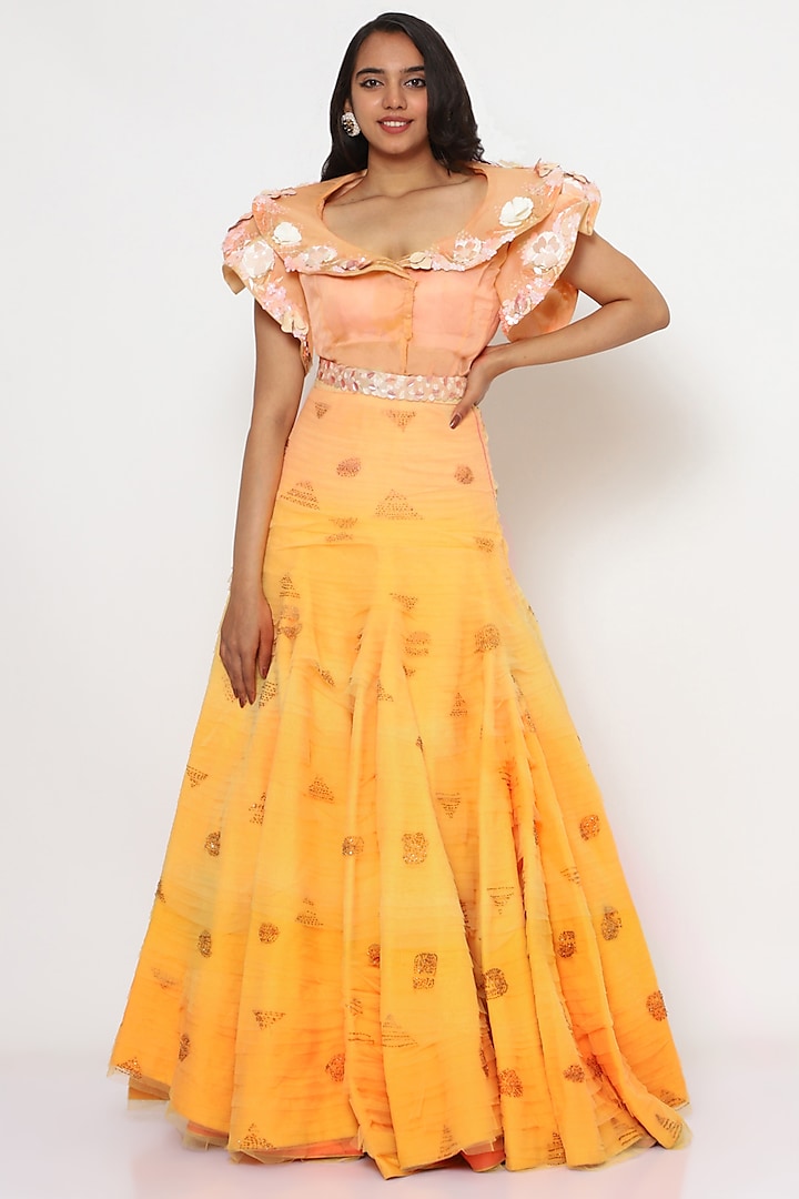 Peach Hand Embroidered Skirt Set With Jacket by PhD  by House of PiaDeeksh