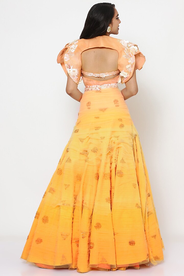 Peach Hand Embroidered Skirt Set With Jacket by PhD by House of PiaDeeksh at Pernia's Pop Up Shop