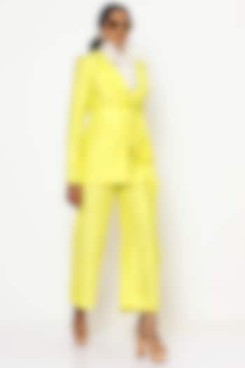 Yellow Lapel Silk Blazer Set by PhD  by House of PiaDeeksh