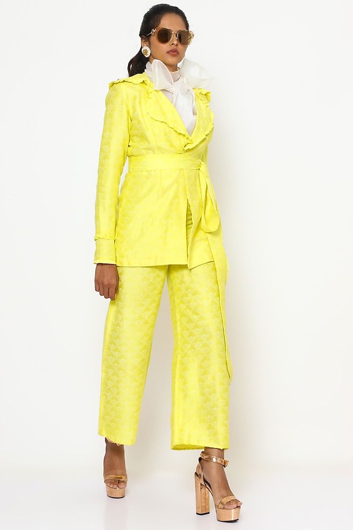 Yellow Lapel Silk Blazer Set by PhD  by House of PiaDeeksh