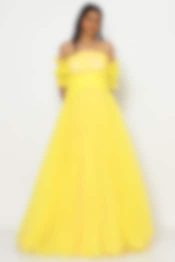 Buttercup Yellow Net Tulle Gown by PhD  by House of PiaDeeksh