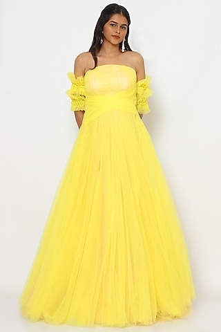 Buttercup Yellow Net Tulle Gown by PhD  by House of PiaDeeksh
