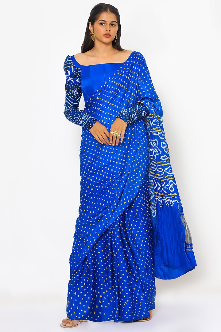Royal Blue Bandhej Printed Saree Set by PhD  by House of PiaDeeksh