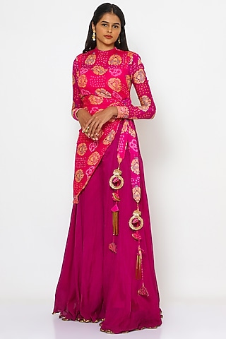 Pink Crepe Bandhej Kurta Set by PhD  by House of PiaDeeksh