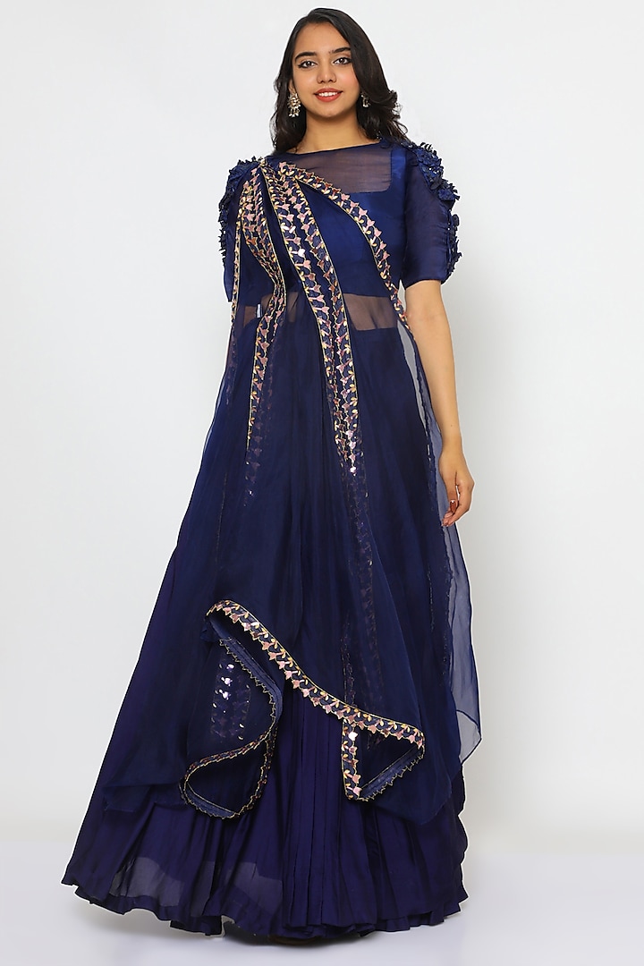 Navy Blue Hand Embroidered Lehenga Set by PhD  by House of PiaDeeksh