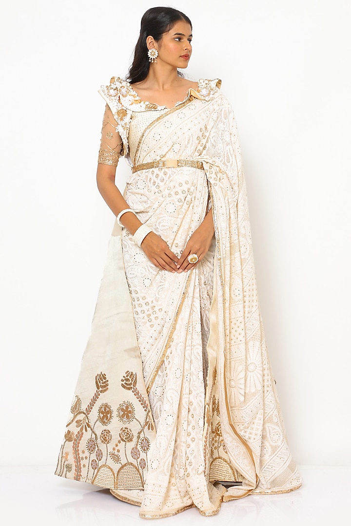 Off-White Chikankari Saree Set by PhD  by House of PiaDeeksh
