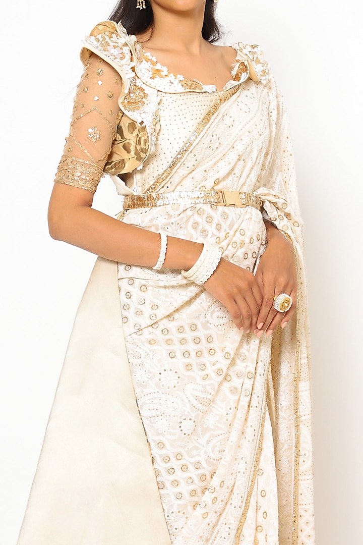 Off-White Chikankari Bridal Saree Set by PhD by House of PiaDeeksh at Pernia's Pop Up Shop