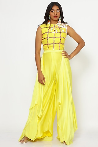 Yellow Satin Silk Dhoti Set by PhD  by House of PiaDeeksh