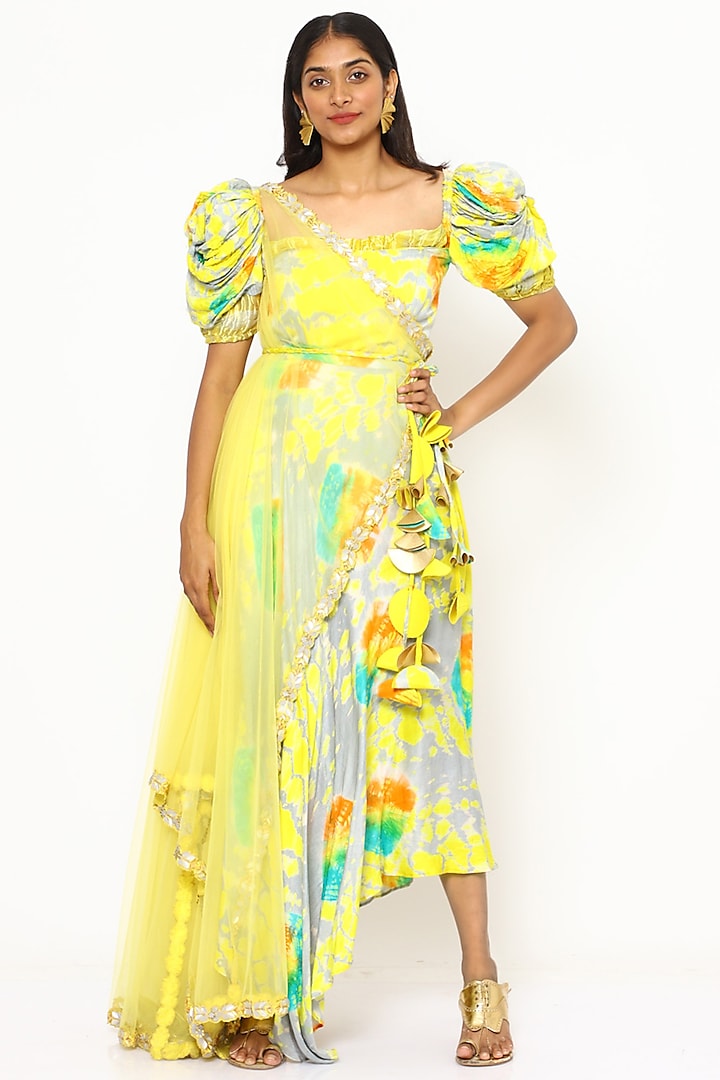 Yellow Tie-Dyed Asymmetrical Skirt Set by PhD  by House of PiaDeeksh