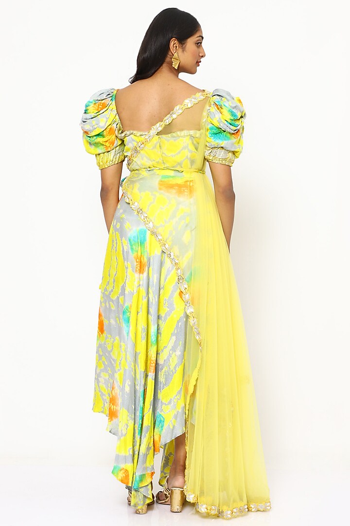 Yellow Tie-Dyed Asymmetrical Skirt Set by PhD by House of PiaDeeksh at Pernia's Pop Up Shop