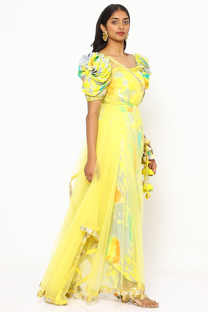 Yellow Tie-Dyed Asymmetrical Skirt Set by PhD by House of PiaDeeksh at Pernia's Pop Up Shop