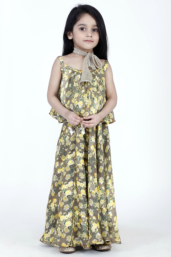 Yellow Floral Printed Skirt Set For Girls by Phee-B