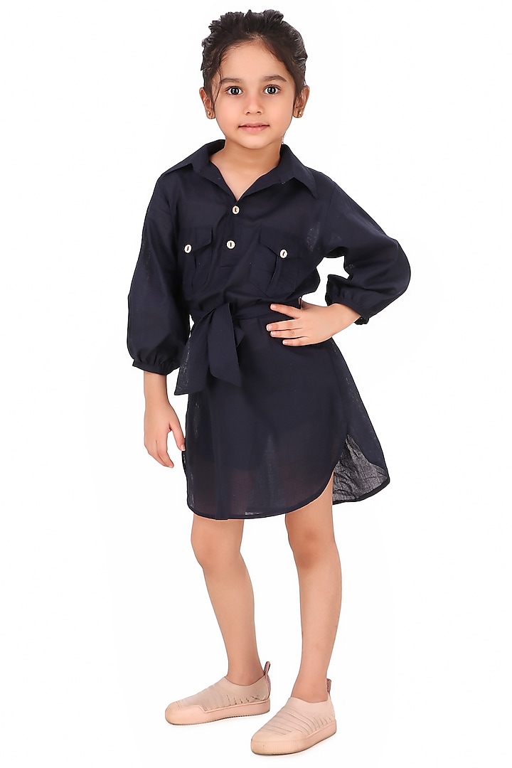 Navy Blue Cotton Shirt Dress For Girls by Phee-B