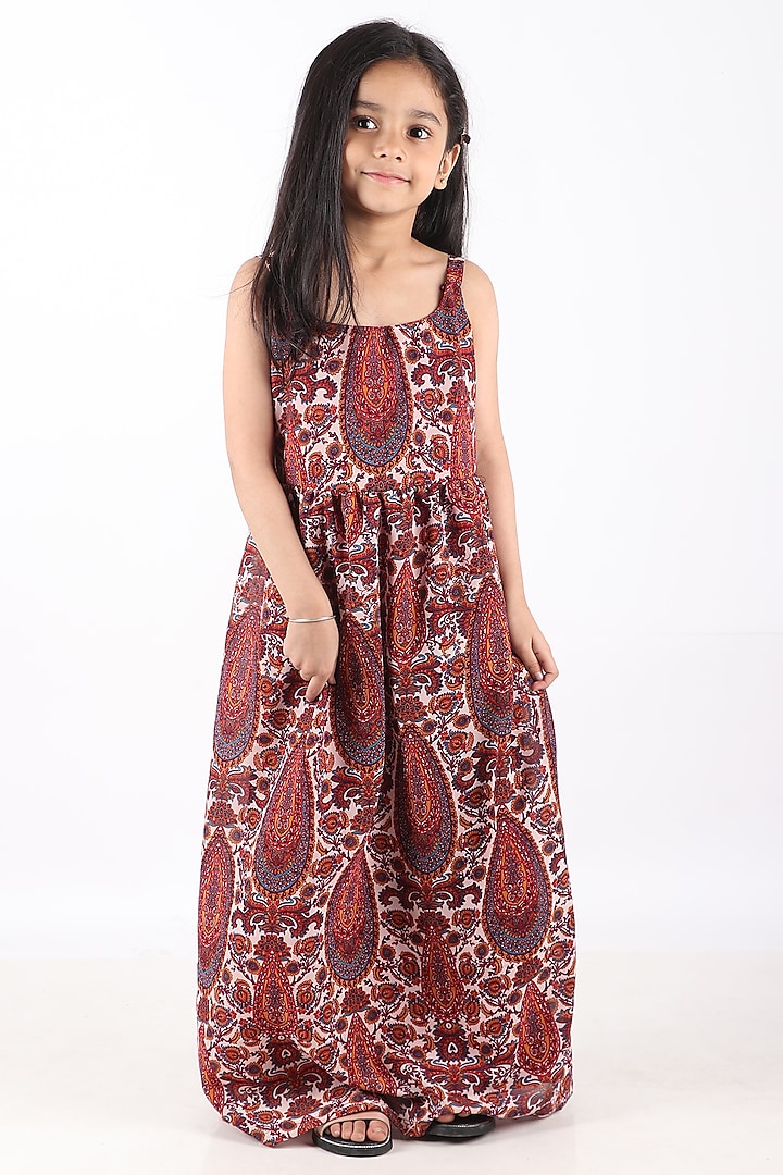 Red Georgette Printed Maxi Dress For Girls by Phee-B