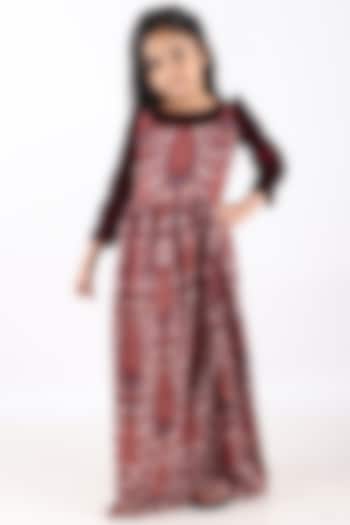 Red Printed Maxi Dress With Velvet Top For Girls by Phee-B