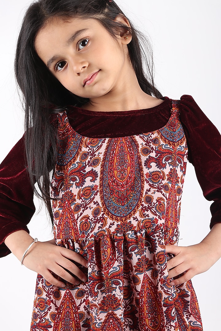 Red Printed Maxi Dress With Velvet Top For Girls Design by Phee B