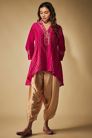 Pink Premium Silk Chanderi Hand Embroidered Short Kurta Set by Phirny