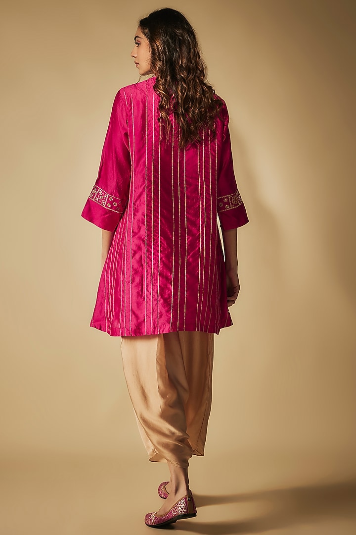 Pink Premium Silk Chanderi Hand Embroidered Short Kurta Set by Phirny at Pernia's Pop Up Shop