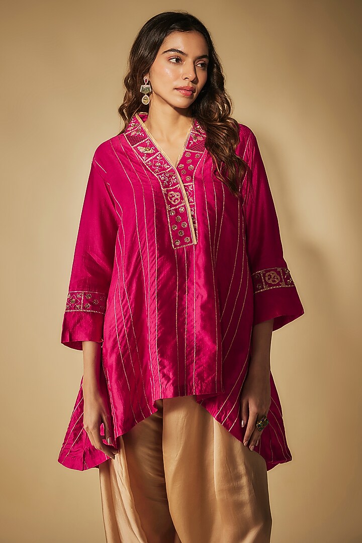 Pink Premium Silk Chanderi Hand Embroidered Short Kurta Set by Phirny at Pernia's Pop Up Shop