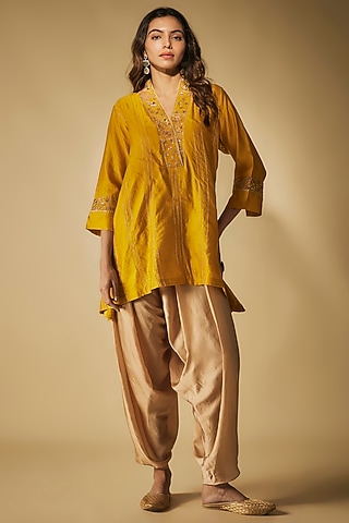 Mustard Premium Silk Chanderi Hand Embroidered Short Kurta Set by Phirny