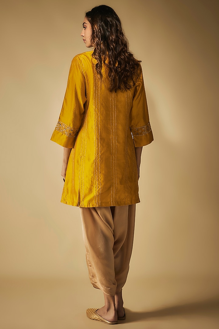 Mustard Premium Silk Chanderi Hand Embroidered Short Kurta Set by Phirny at Pernia's Pop Up Shop