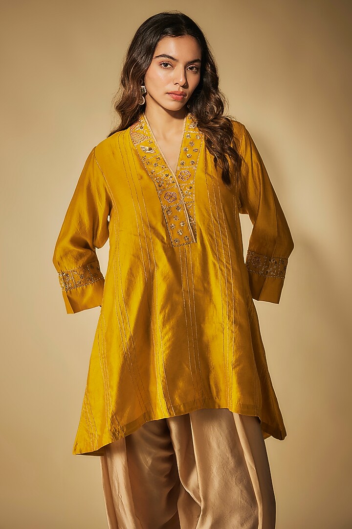 Mustard Premium Silk Chanderi Hand Embroidered Short Kurta Set by Phirny at Pernia's Pop Up Shop
