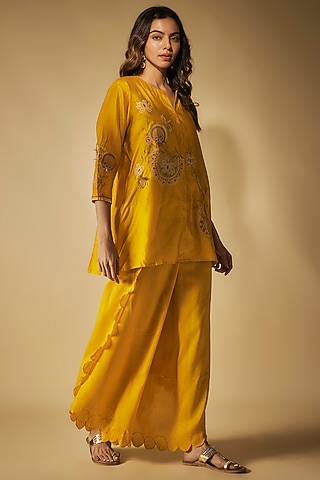 Mustard Premium Silk Chanderi Machine Embroidered Short Kurta Set by Phirny