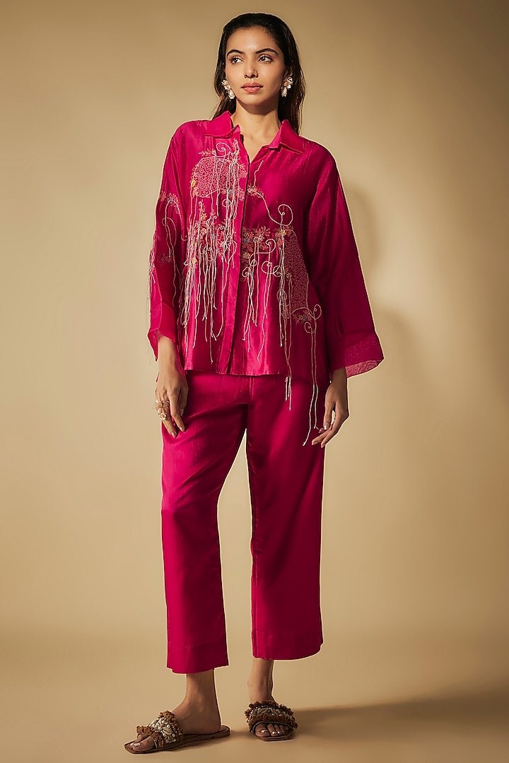 Pink Premium Silk Chanderi & Cotton Satin Machine Embroidered Co-Ord Set by Phirny at Pernia's Pop Up Shop