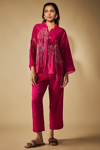 Pink Premium Silk Chanderi & Cotton Satin Machine Embroidered Co-Ord Set by Phirny