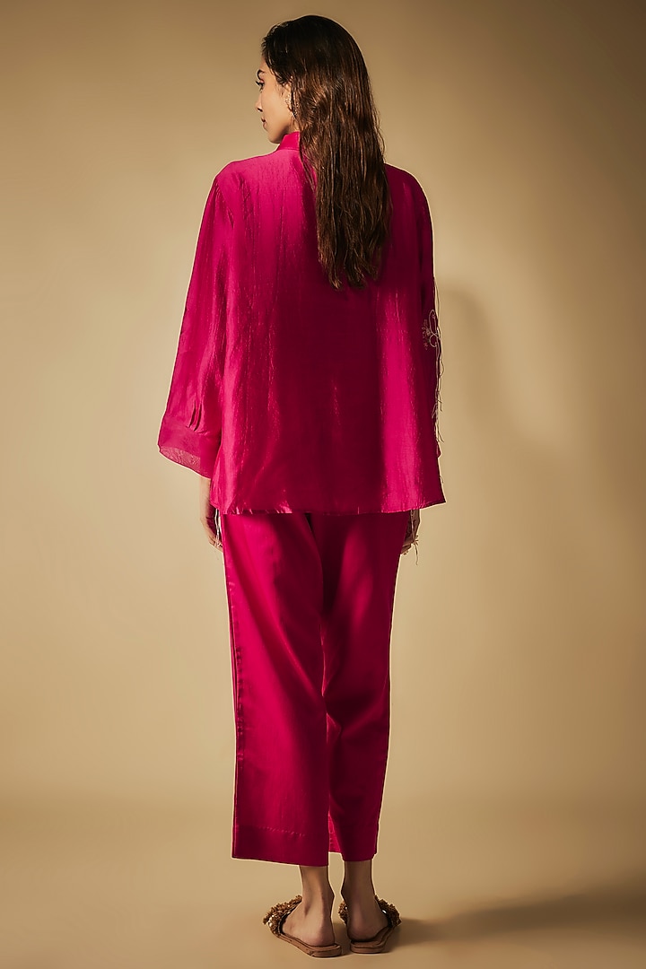 Pink Premium Silk Chanderi & Cotton Satin Machine Embroidered Co-Ord Set by Phirny at Pernia's Pop Up Shop