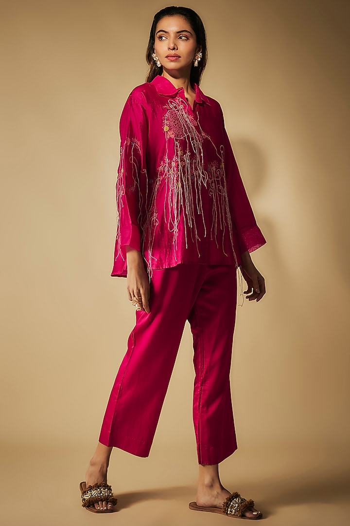Pink Premium Silk Chanderi & Cotton Satin Machine Embroidered Co-Ord Set by Phirny at Pernia's Pop Up Shop
