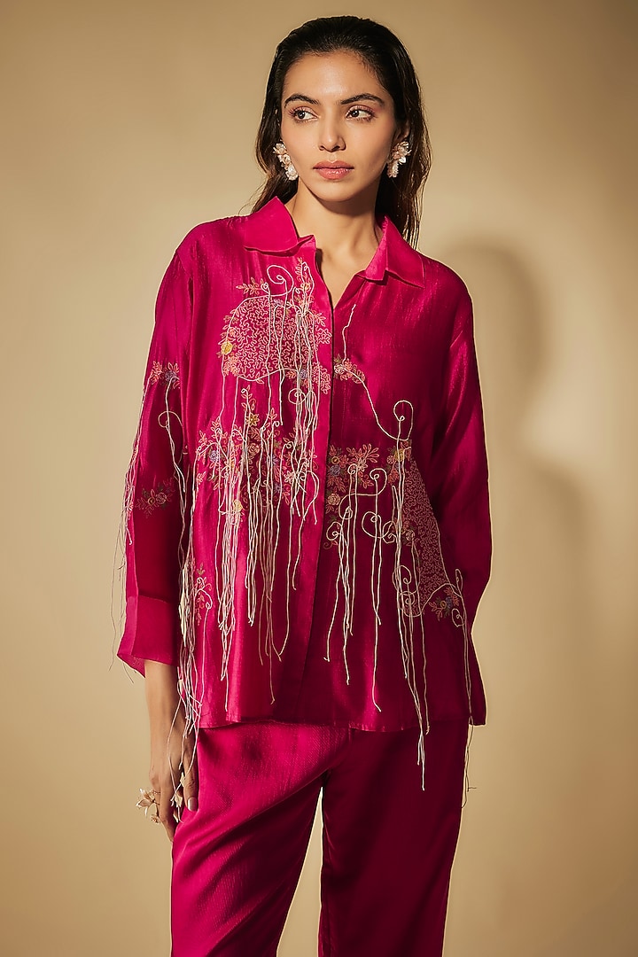 Pink Premium Silk Chanderi & Cotton Satin Machine Embroidered Co-Ord Set by Phirny at Pernia's Pop Up Shop