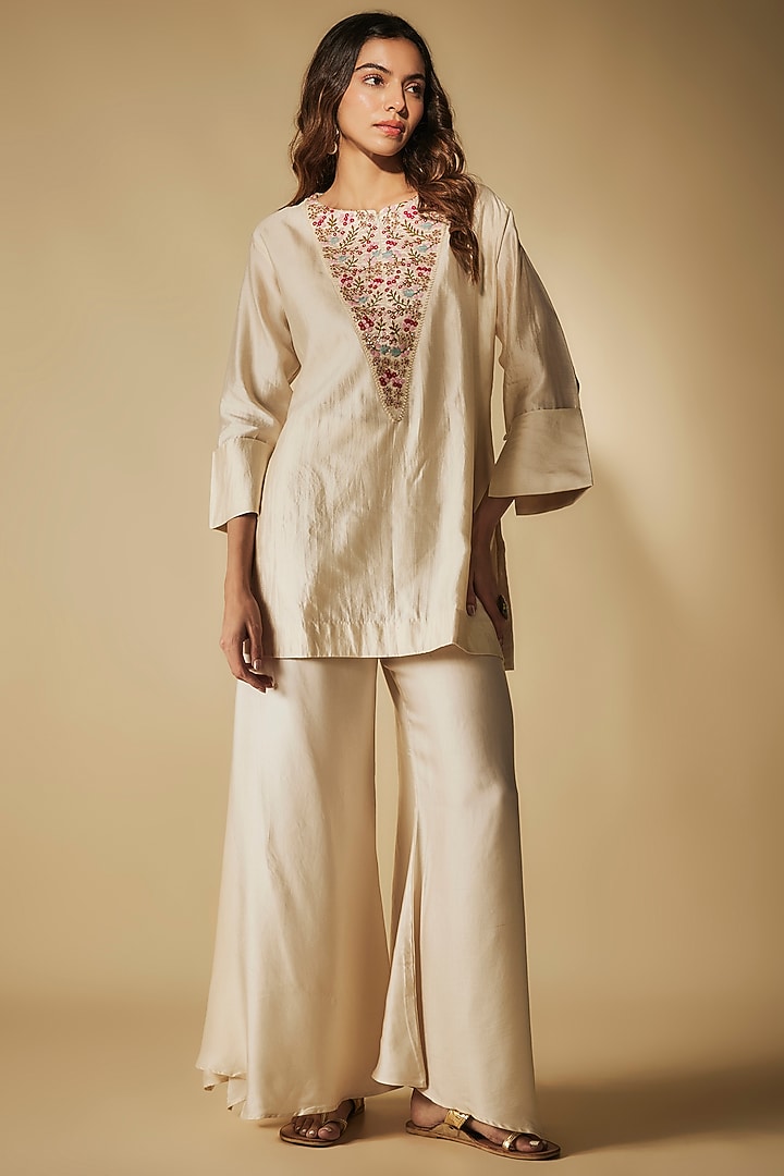 Ivory Modal Satin Party Wear Sharara Set by Phirny at Pernia's Pop Up Shop
