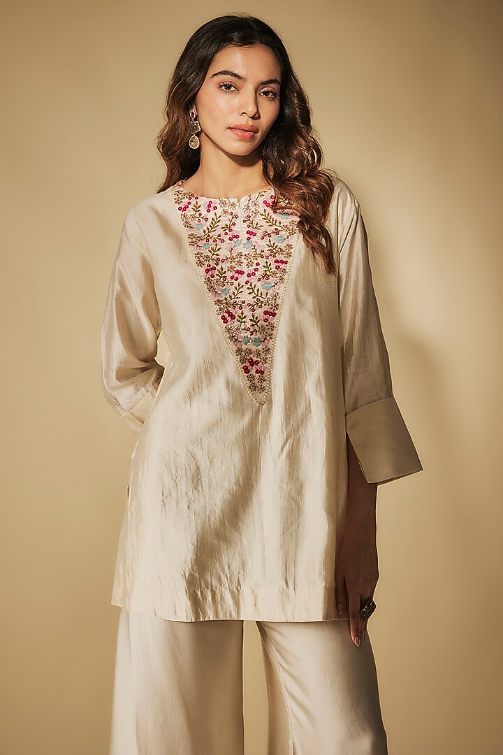 Ivory Modal Satin Party Wear Sharara Set by Phirny at Pernia's Pop Up Shop